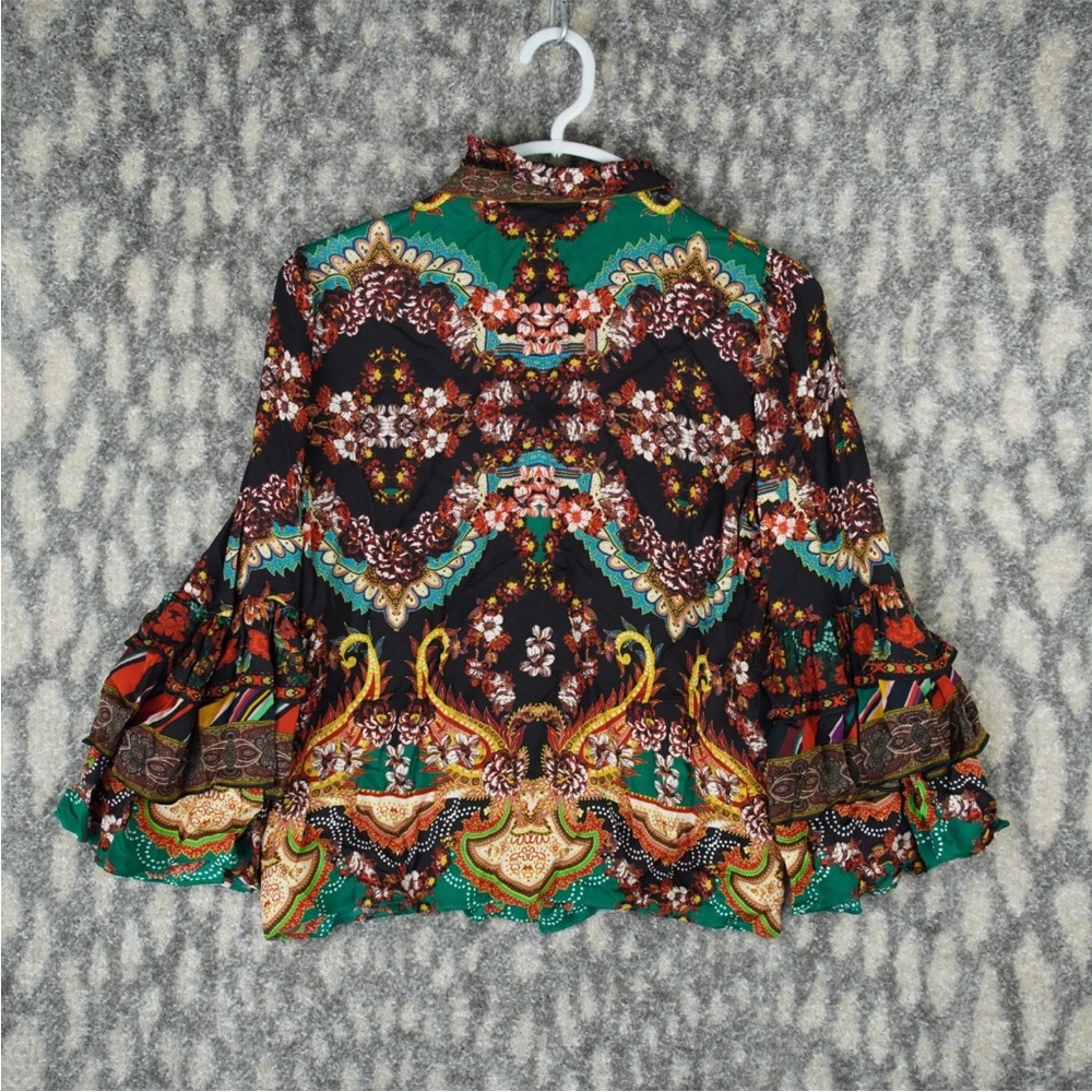 Alice Olivia Liberty Printed Ruffled Blouse Bell Sleeves Size S Mock Neck Boho - Picture 3 of 16